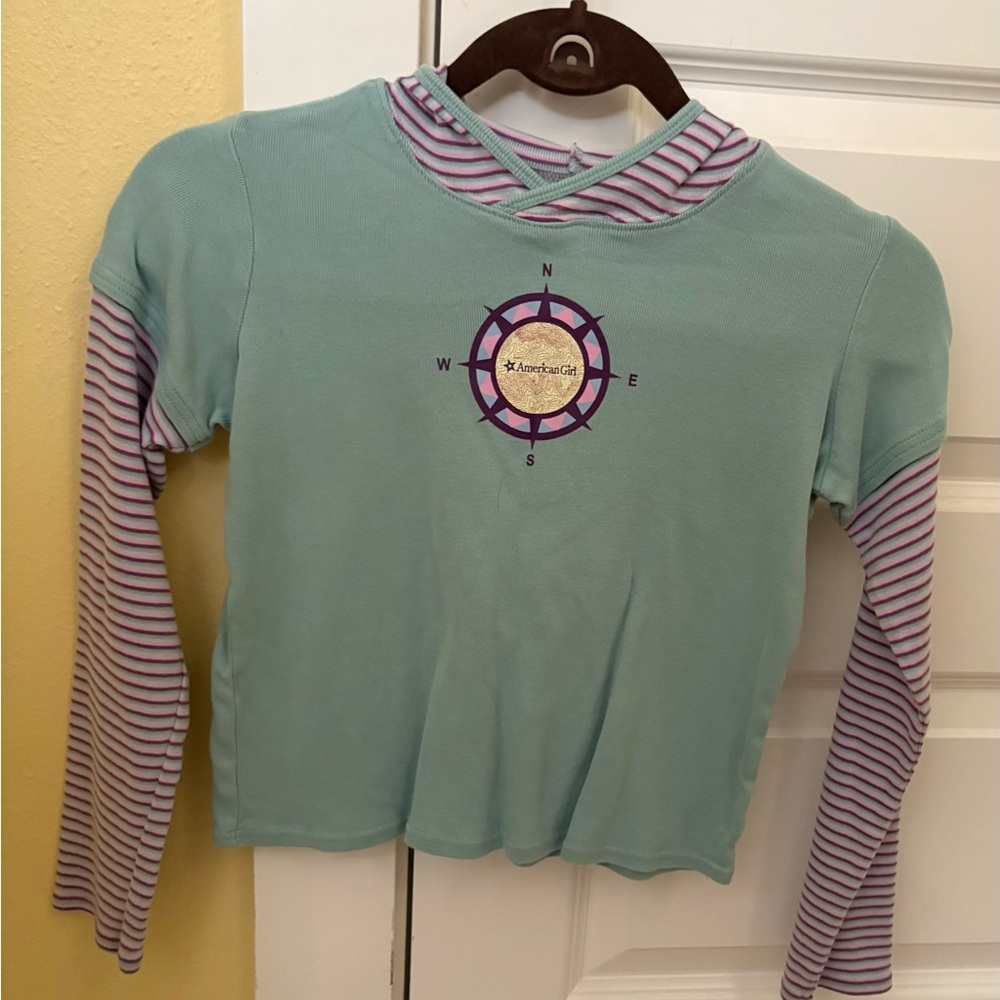 American Girl Aqua Long Sleeve Shirt with Striped Sleeves - size Medium